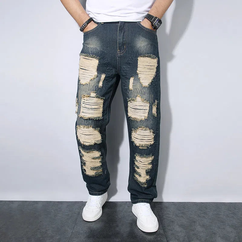 Men's straight wrinkle-resistant loose casual cotton jeans in blue colour, mid waist zip fly