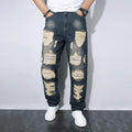 Men's straight wrinkle-resistant loose casual cotton jeans in blue colour, mid waist zip fly