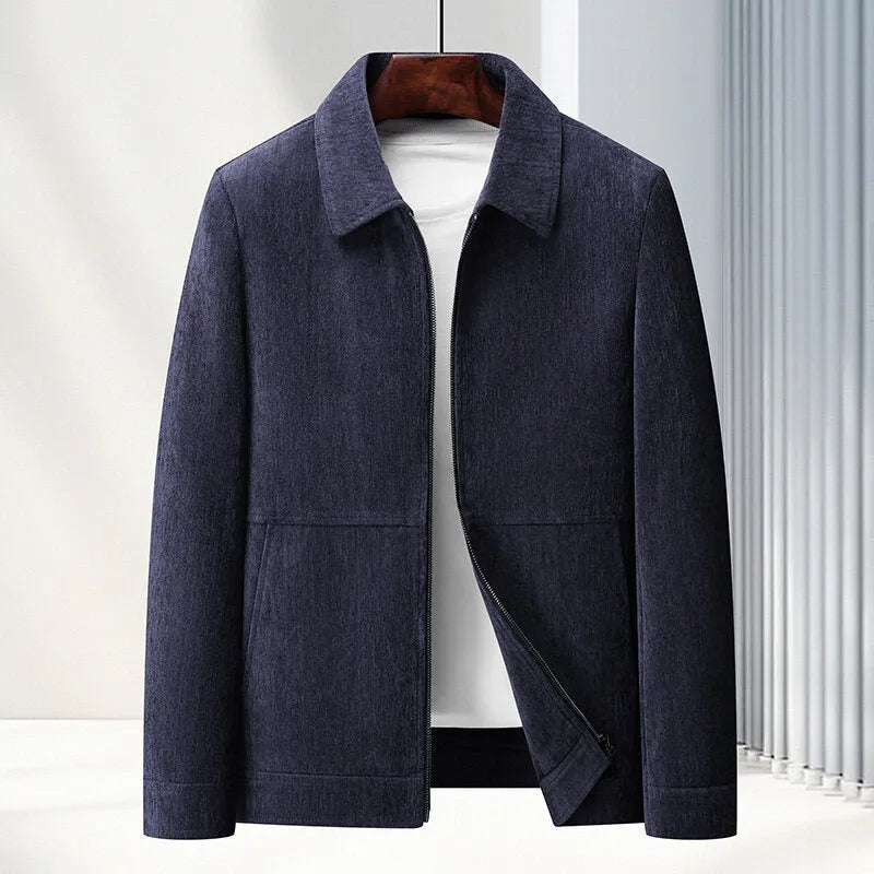 Men's slim fit casual lapel coat in thickening Vinylon fabric shown in dark blue.