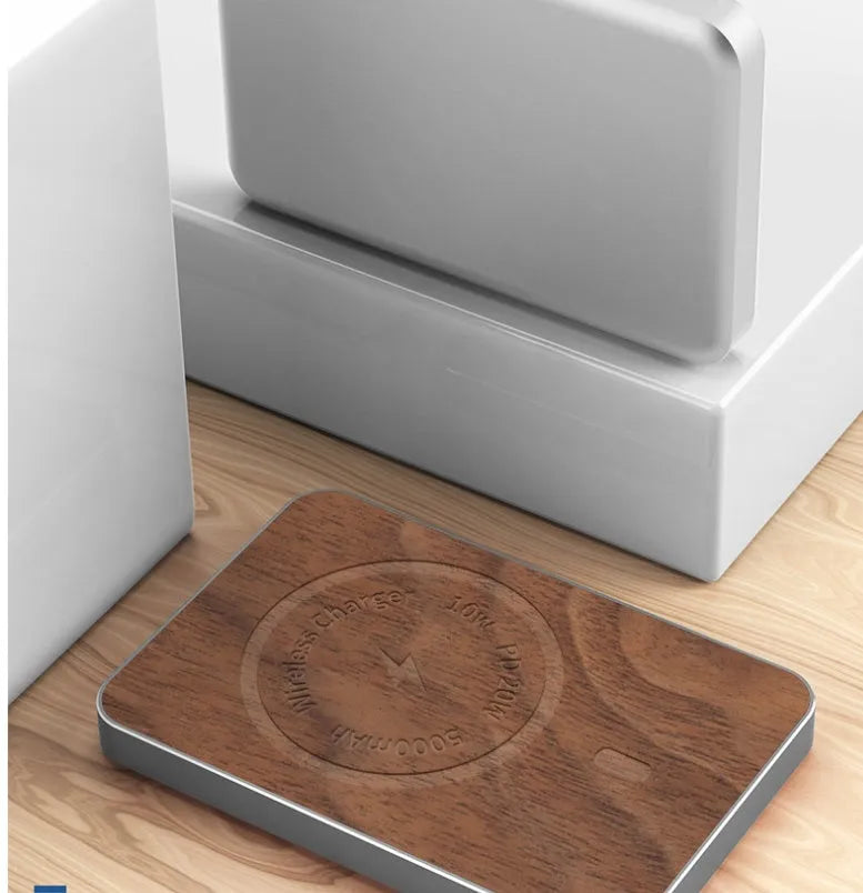 Khaki coloured alloy wireless power bank with magnetic suction, showing dimensions and USB port.