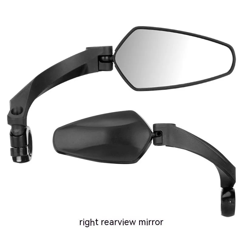 Black rotatable acrylic rearview mirror for mountain bike handlebars.