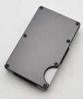 Carbon fibre slim wallet in aluminium alloy grey colour showing RFID blocking and anti-theft features