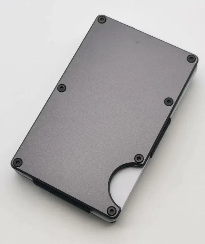 Carbon fibre slim wallet in aluminium alloy grey colour showing RFID blocking and anti-theft features