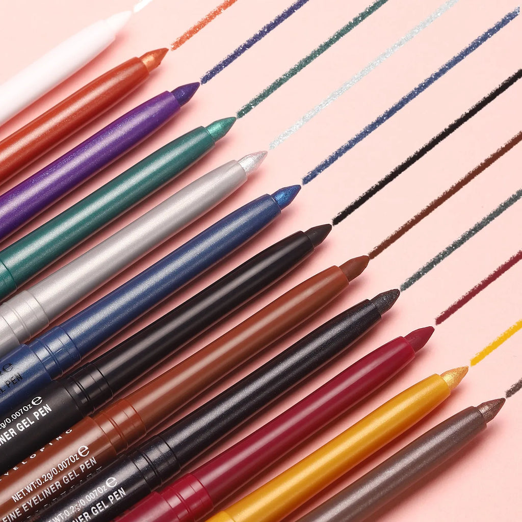 Set of 12 colourful gel glitter eyeliner pencils with matte, glitter, metallic, and pearl finishes