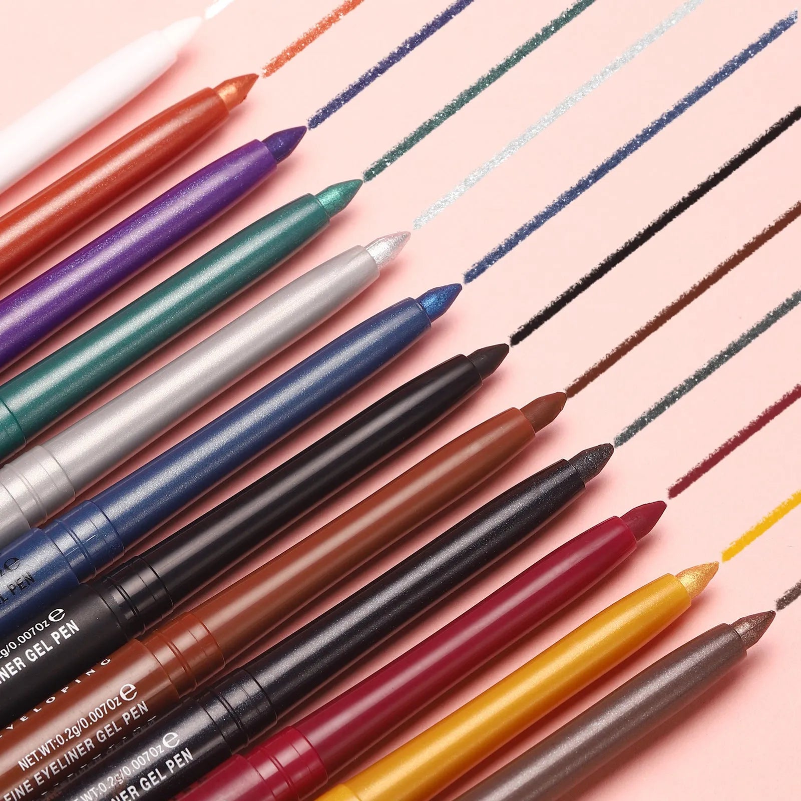 Set of 12 colourful gel glitter eyeliner pencils with matte, glitter, metallic, and pearl finishes