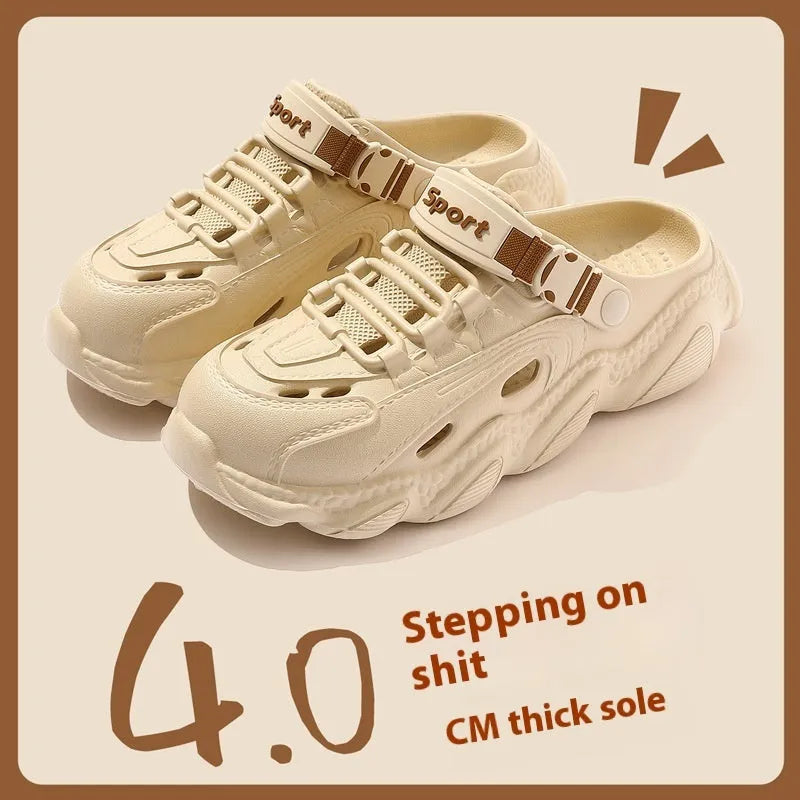 A pair of khaki men's outdoor slippers with a hollow-out pattern and a textured EVA sole.
