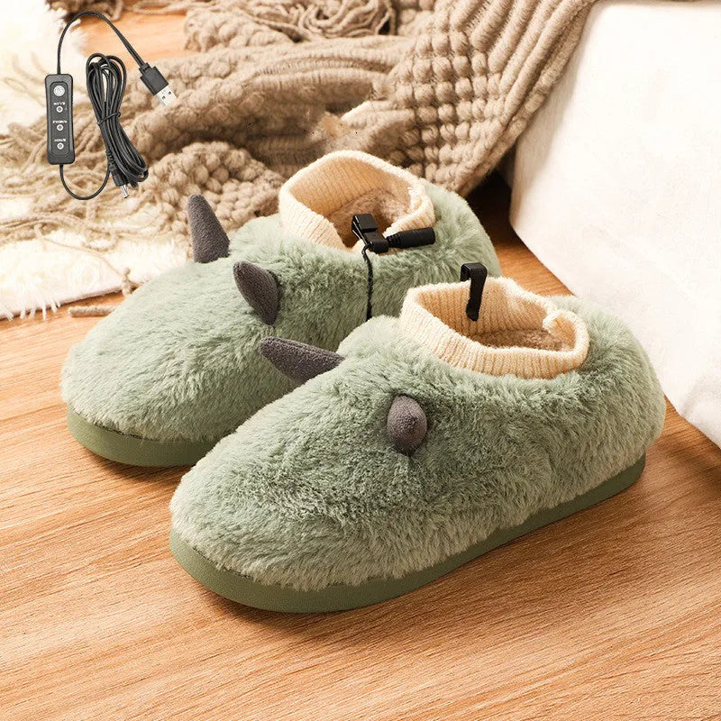 USB electric heating slippers in grey with adjustable temperature control and soft velvet upper.