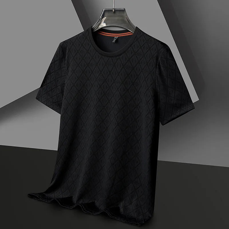 Men's black loose fit short sleeve t-shirt with jacquard pattern detailing
