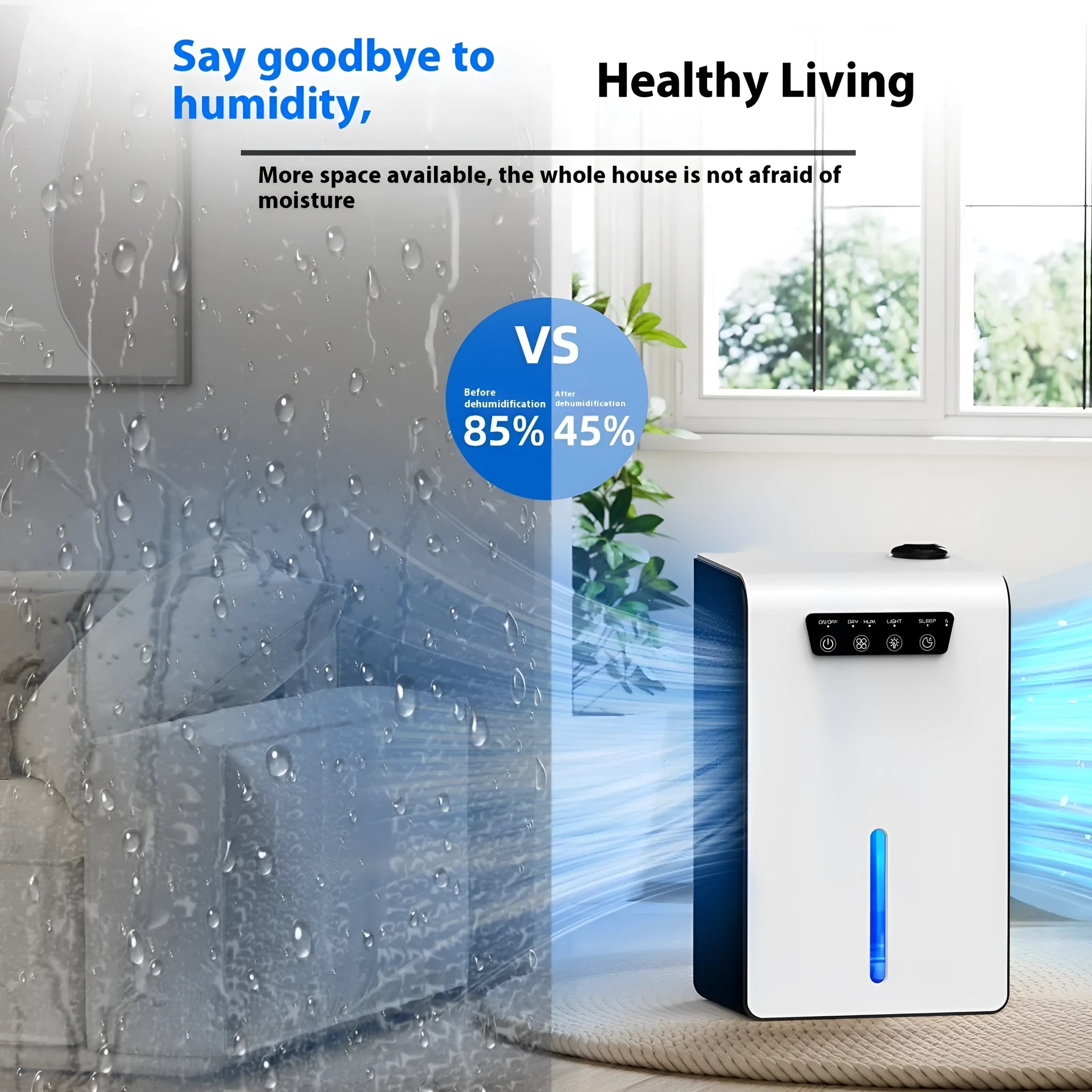Small milky white portable household dehumidifier for bedrooms and laundry areas.