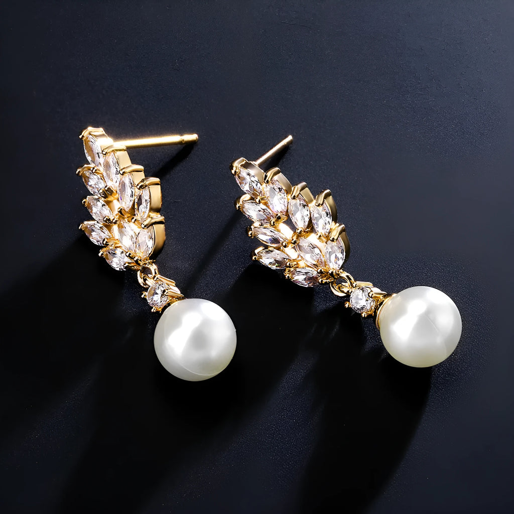 Geometric floral earrings with micro zircon inlay in gold, platinum, or rose gold plating
