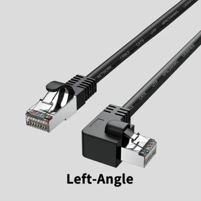 Right-angle Cat6 Ethernet cable with metal RJ45 connectors in various colours and lengths