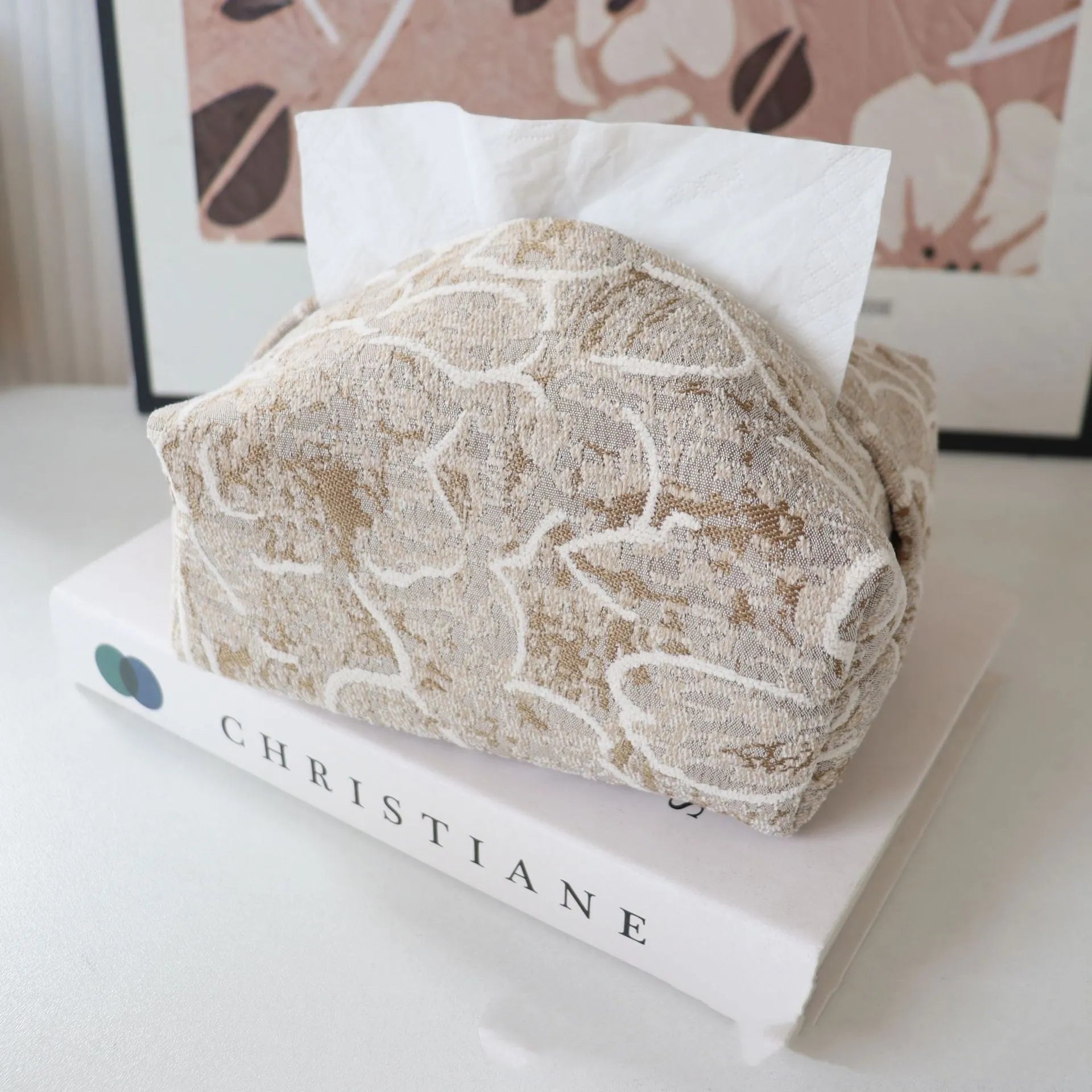 Chinese style cotton tissue box with floral pattern in living room setting