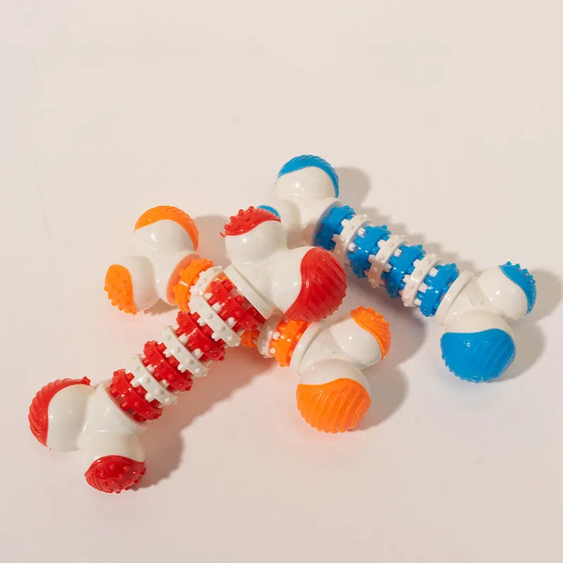 Blue bone-shaped interactive dog toy for small breeds with chewable ends and central treat holder