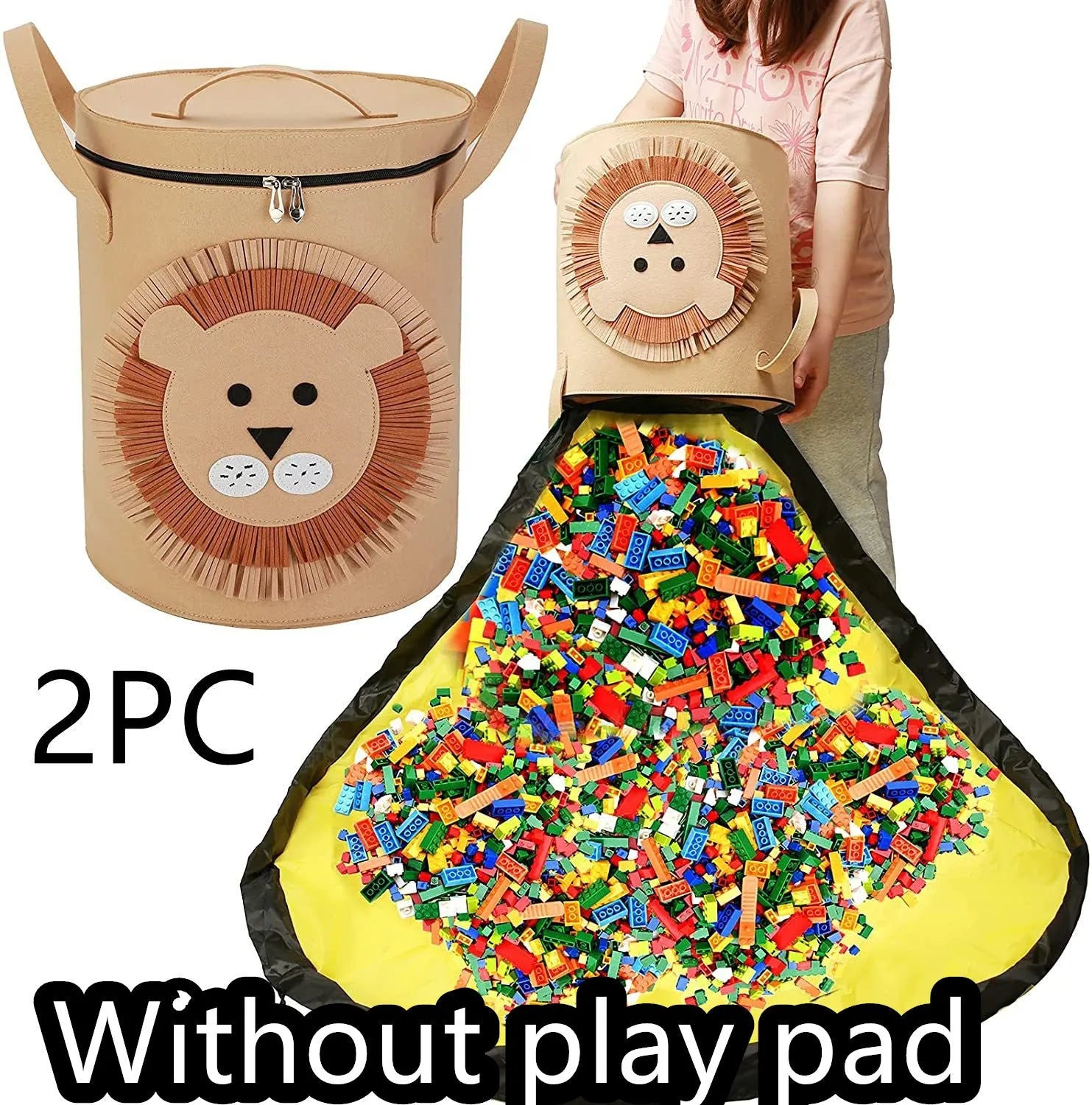 Green felt cube storage bag open as play mat with pull rope closure for children's toys