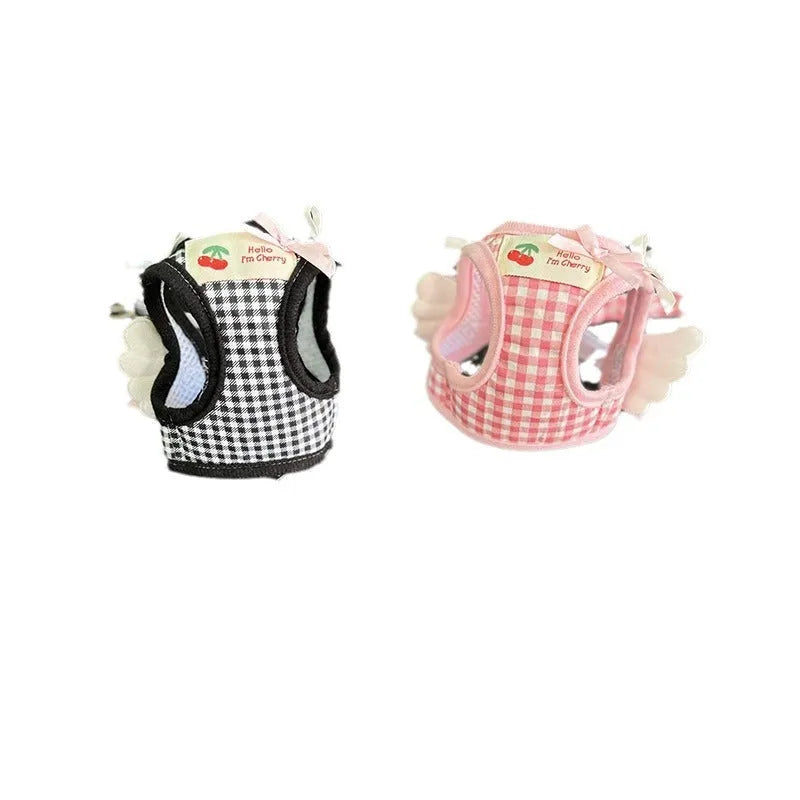 Small dog harness and lead set with chest and back attachment points in cotton material