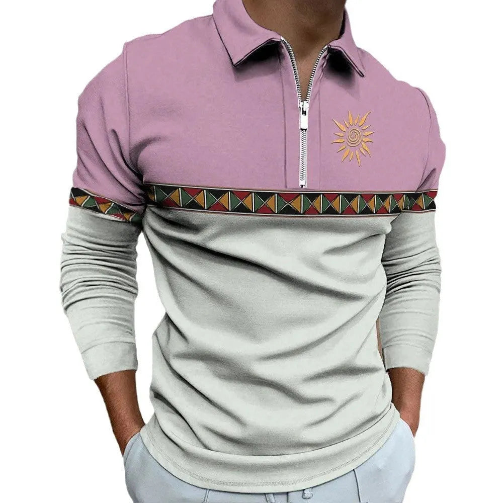 Man wearing a loose-fit long sleeve t-shirt with retro stripe print and zipper details, suitable for golf.