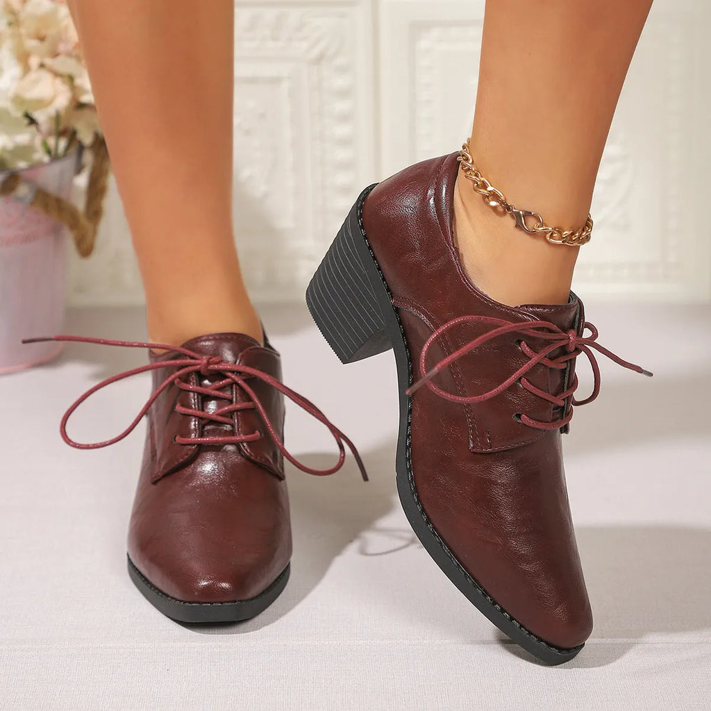 Pointed British style high heel chunky heel front lace-up low-top leather shoes in beige
