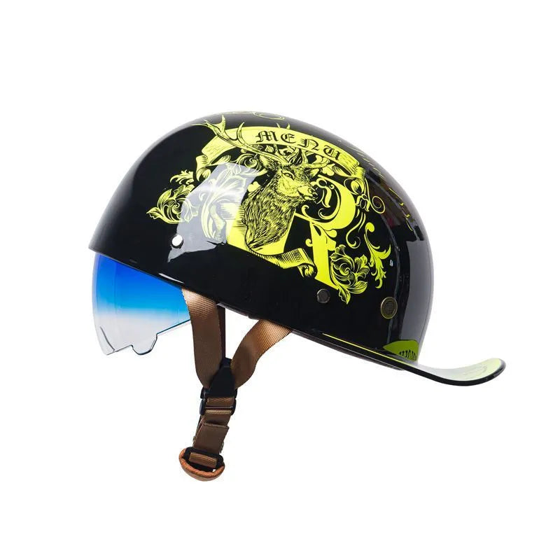 Men's electric bicycle retro half helmet in bright black gradient blue colour with visor