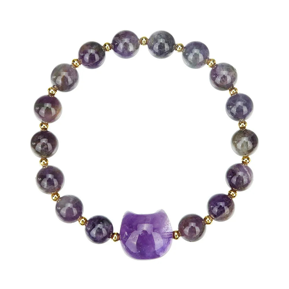 Natural stone cat head charm bracelet in Gray Moonlight colour – hand-strung stone beads on cord