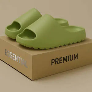 Women's thick-soled beach slippers in beige, black, brown, and green colours with injection moulded EVA construction.