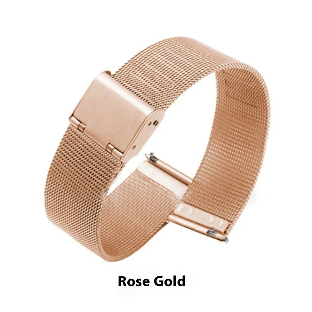 Milani silk woven stainless steel watch band in silver, shown detached from a watch.