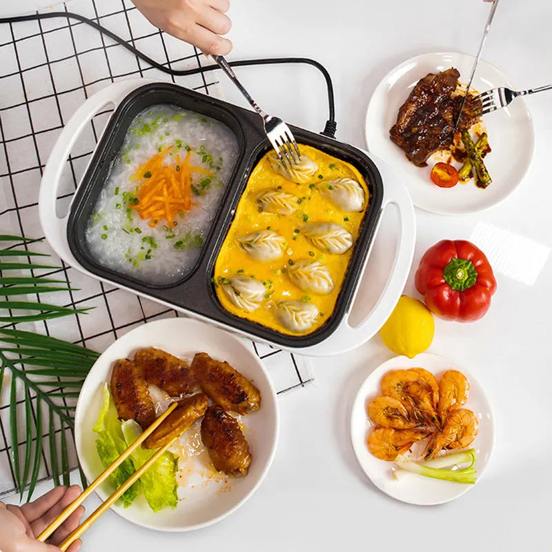 White and green dual-function electric frying oven and hot pot appliance on a kitchen counter.