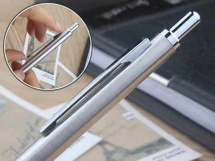 Metal automatic mechanical pencil with various lead specifications displayed