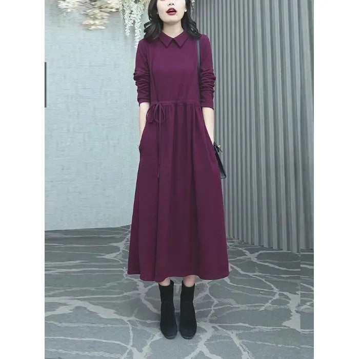 Purplish red plus size women's dress with extra long sleeves and urban style design