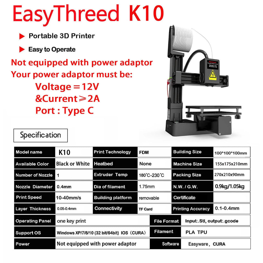 White EasyThreed K10 3D printer with 175mm printing area, compatible with TPU and PLA filament materials