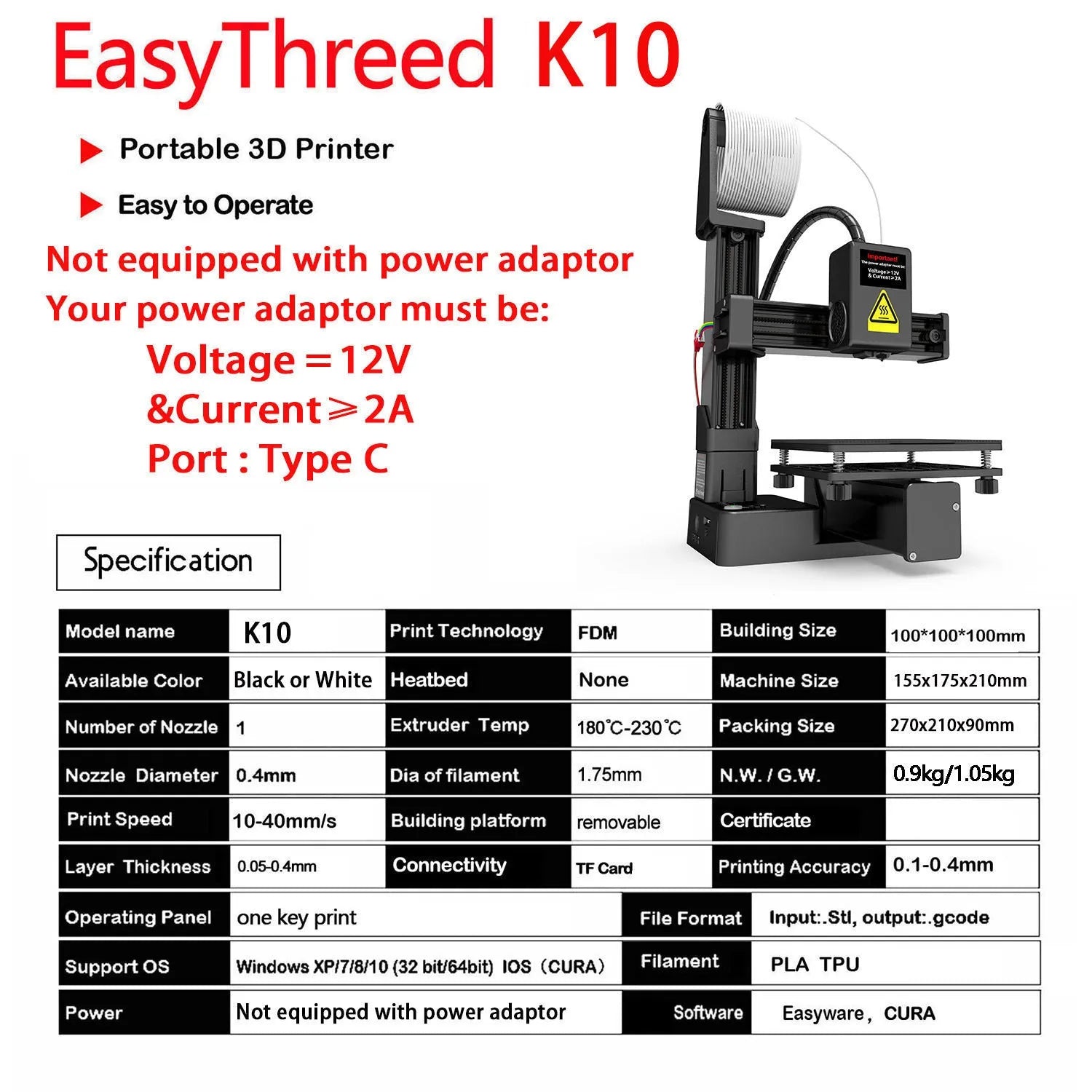 White EasyThreed K10 3D printer with 175mm printing area, compatible with TPU and PLA filament materials