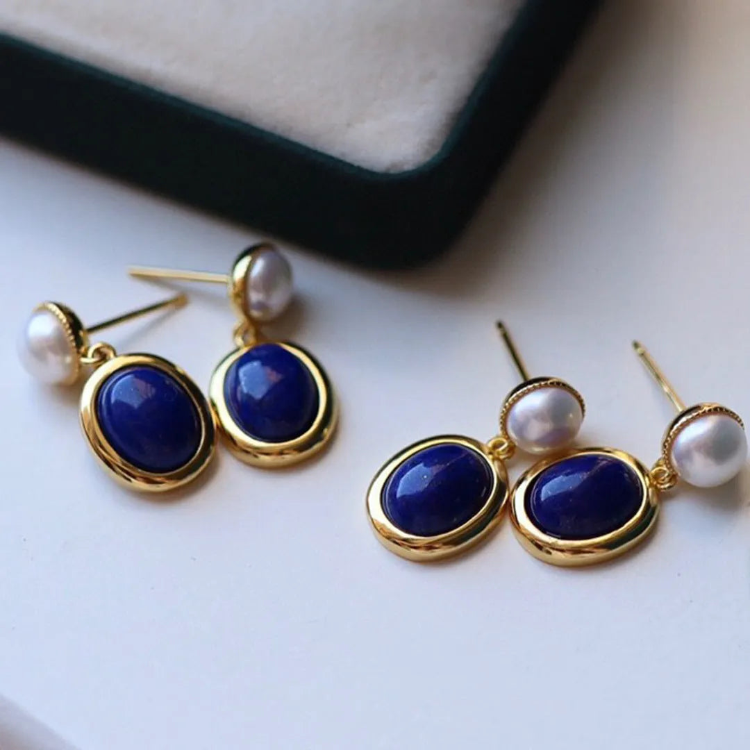 Lapis lazuli pearl earrings in sterling silver with simple style and auspicious patterns.