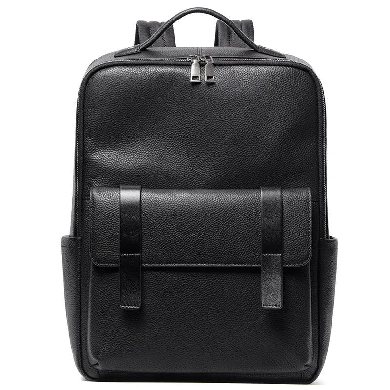 Black genuine leather men's computer backpack with a 36-55L capacity and contoured back plate.