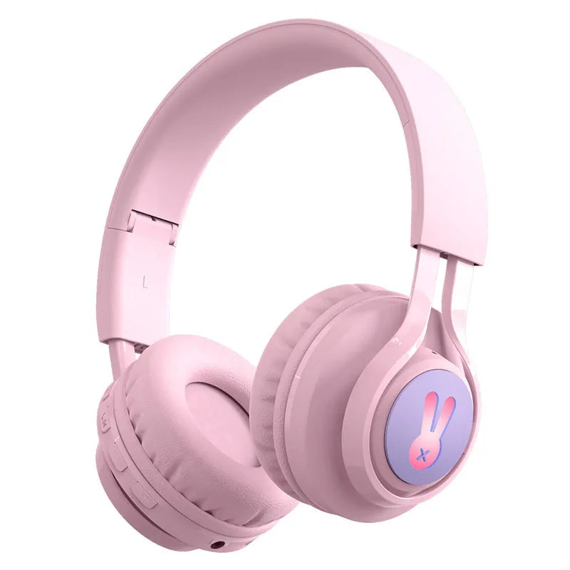 Wireless children's headphones with RGB LED lights in bunny pink colour with stereo sound and microphone