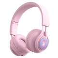 Wireless children's headphones with RGB LED lights in bunny pink colour with stereo sound and microphone