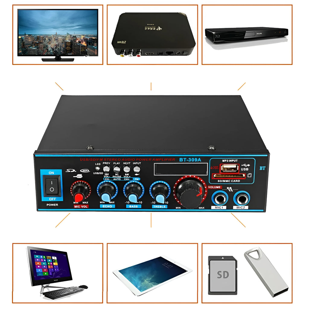 Black BT-309A-A Bluetooth and FM power amplifier with remote control for home or car.