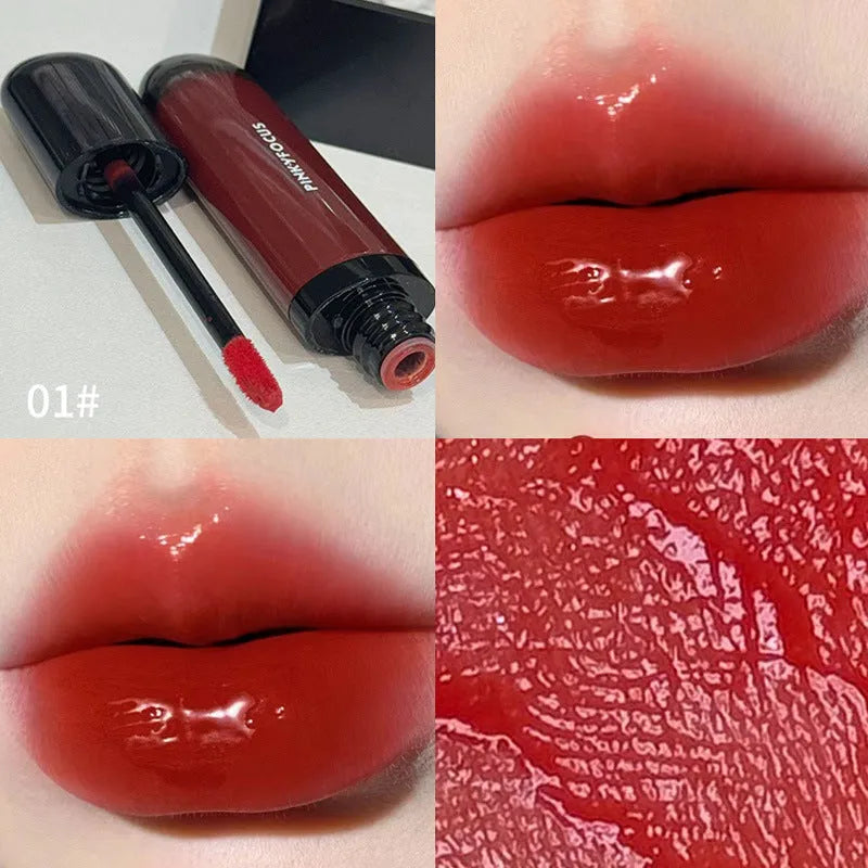 Black Shiny Makeup Mirror Lip Lacquer set showing six shades: black tomato, orange brown, bean paste, rose, red, and sweet potato.