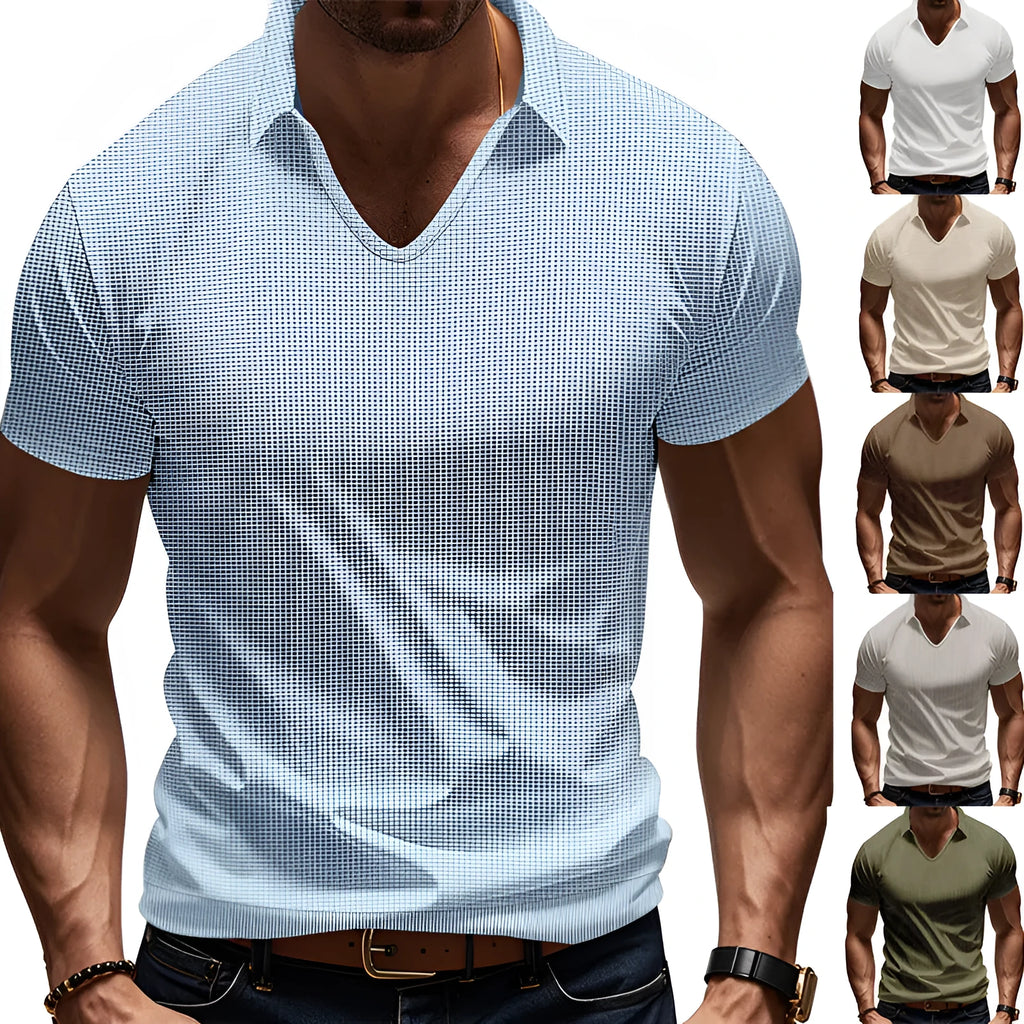 Men's loose fit V-neck short sleeve T-shirt in cotton blend fabric shown in apricot colour