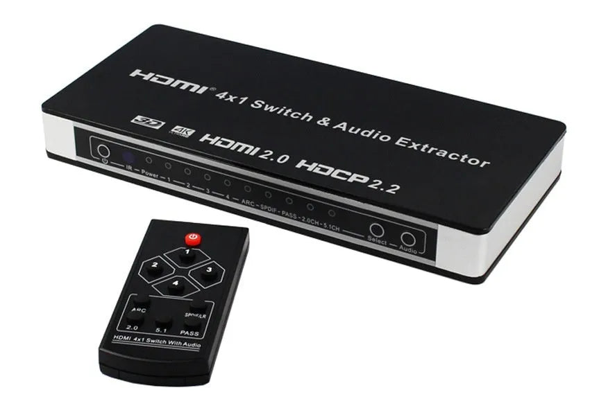 Black HDMI audio/video switch with remote control, showing four input ports and one output port.
