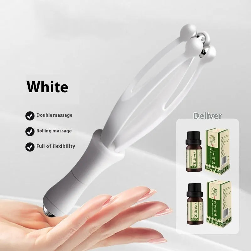 Blue and white finger massager with steel ball rolling mechanism for hand joint care.