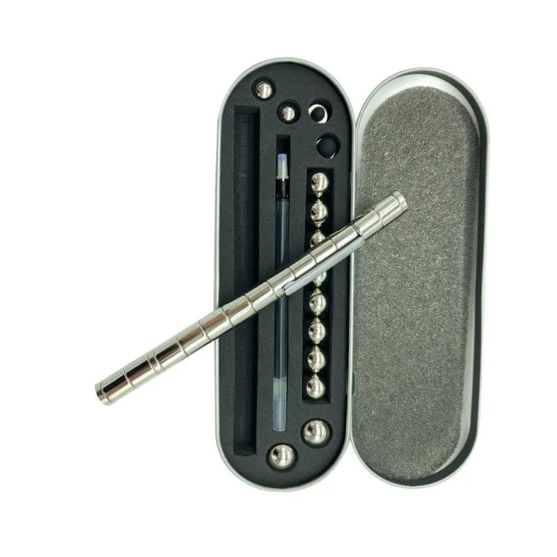 Magnetic modular pen with 13 rings, 12 steel balls, 3 refills, and capacitive head in silver iron box