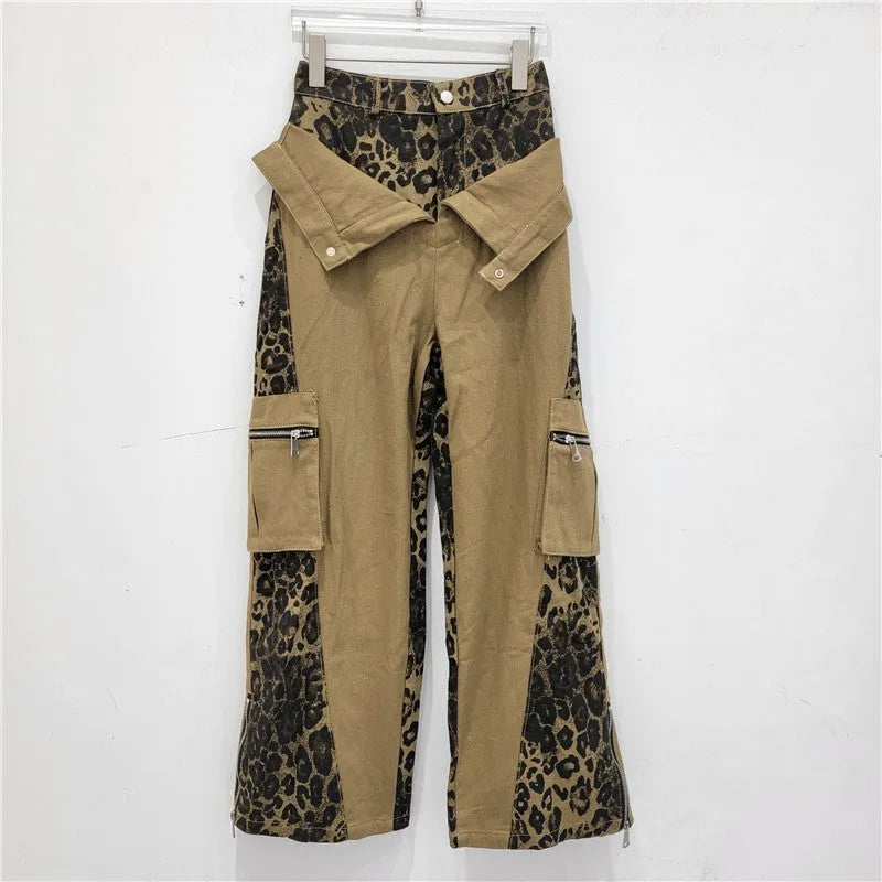 Women's dark khaki leopard print high waist straight leg jeans with retro tooling style details.