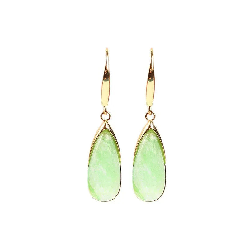 Retro Chinese geometric earrings with water droplet design in electroplated copper with jade colour finish