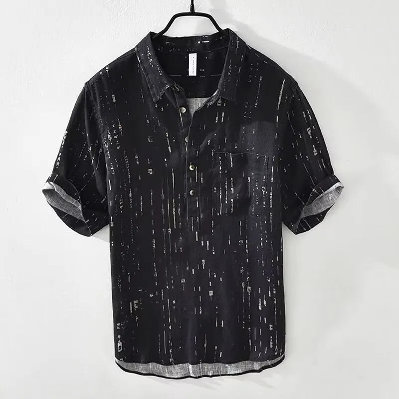 Men's black and white short-sleeved polo shirt with loose fit cardigan style