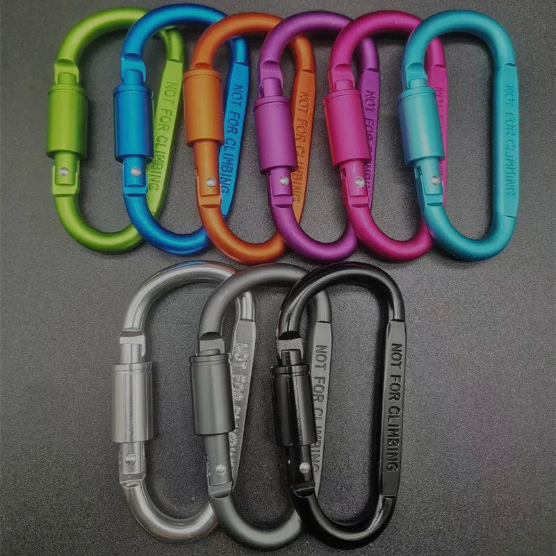 D-type aluminium carabiner with lock measuring 8cm in multiple colour options