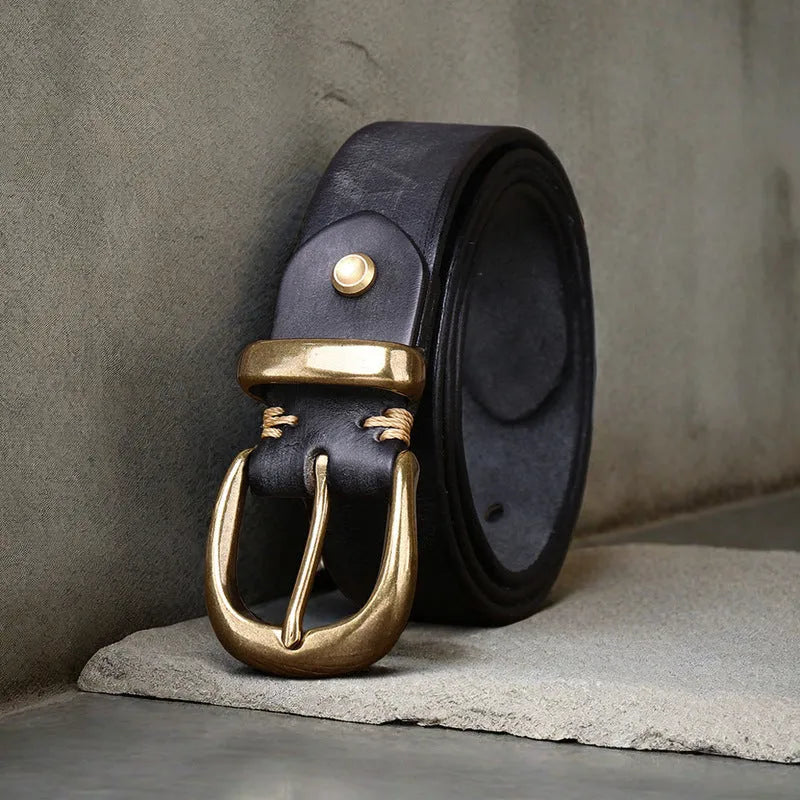 Men's casual jeans belt in cattlehide leather with copper buckle in black, brown, or khaki