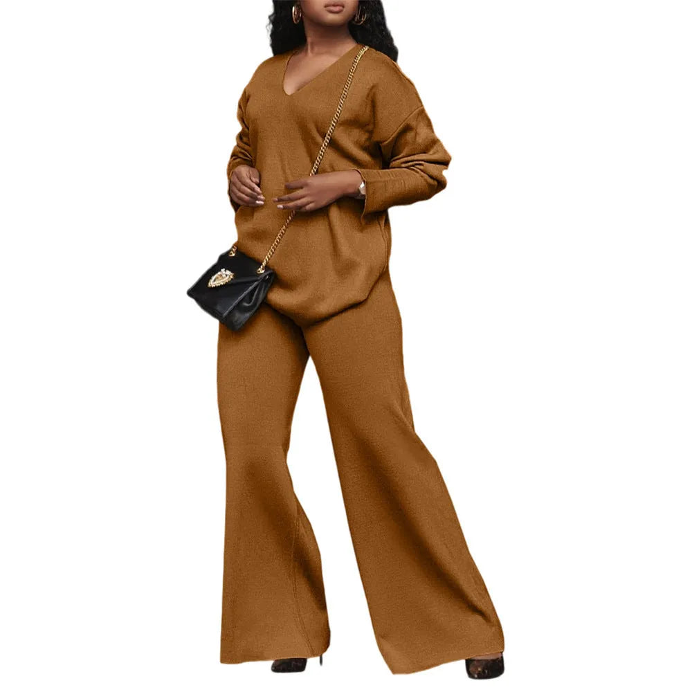 Women's brown thickened suede two-piece suit with long sleeves and trousers in Japanese Korean casual style