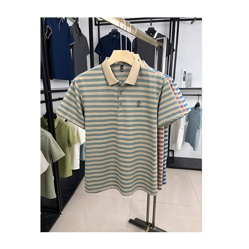 Men's striped casual short sleeve shirt in polyester available in red, blue, and green colours