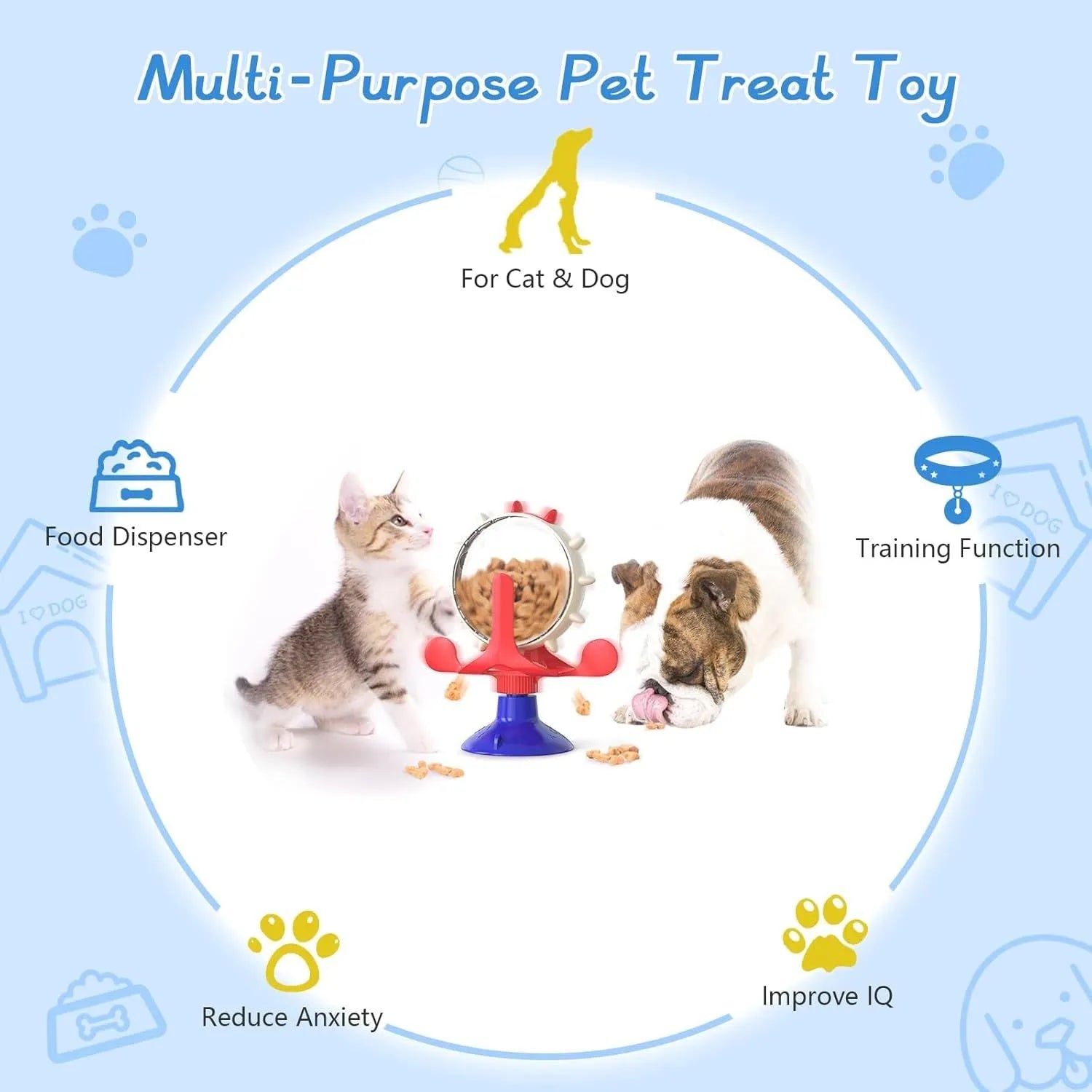 Interactive pet puzzle feeder with colourful spinner and suction cup base for cats and small dogs