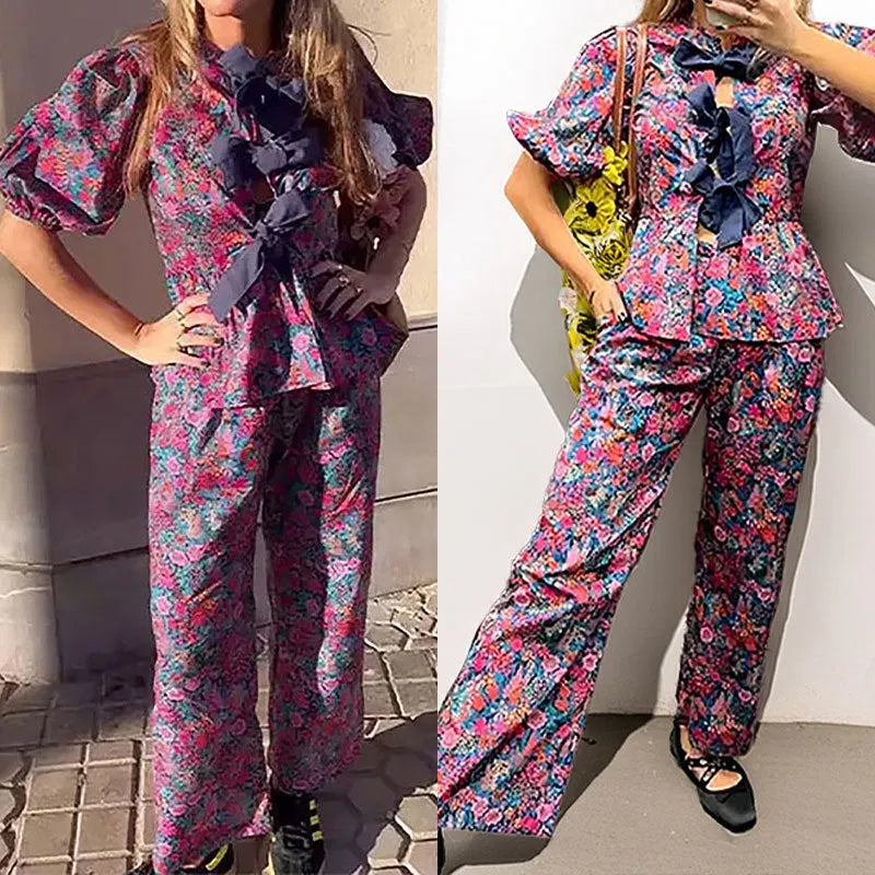 Women's floral print tie-neck trousers suit with puff sleeves, two-piece set