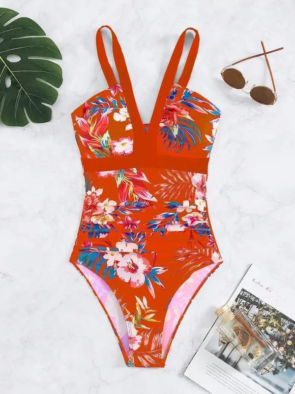 Women's floral one-piece swimsuit in polyester and spandex material